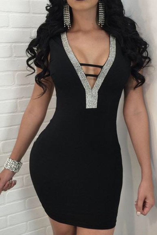 Glitter neckline V-neck Open Back Mini Dress