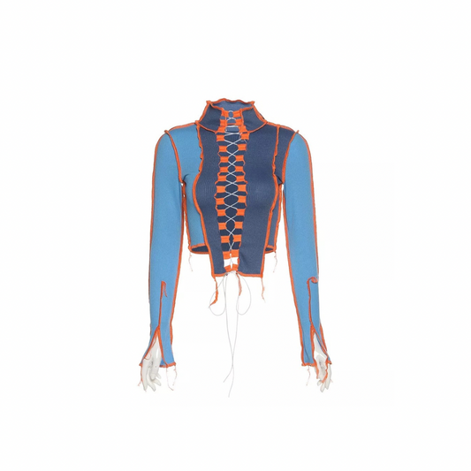 Lace up Blue and Orange Ribbed Contrast Seam Stitch Long Sleeve Top