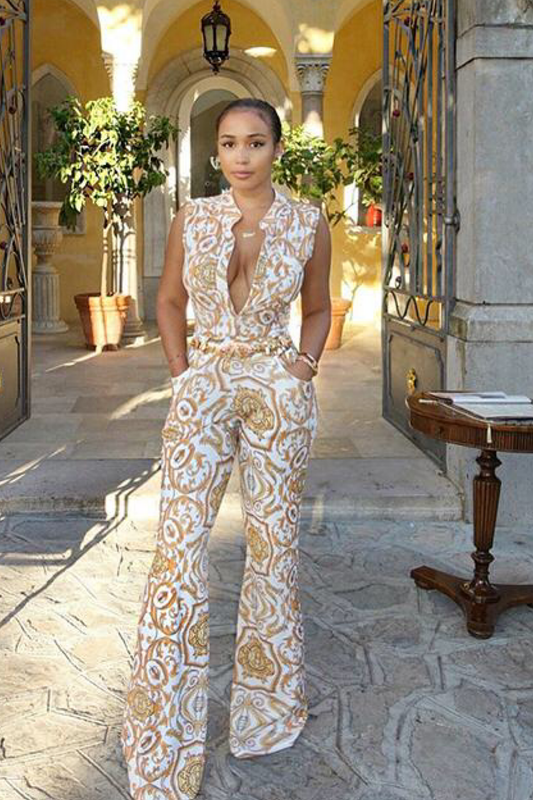 V-Neck Gold Pattern Boot Cut Jumpsuit