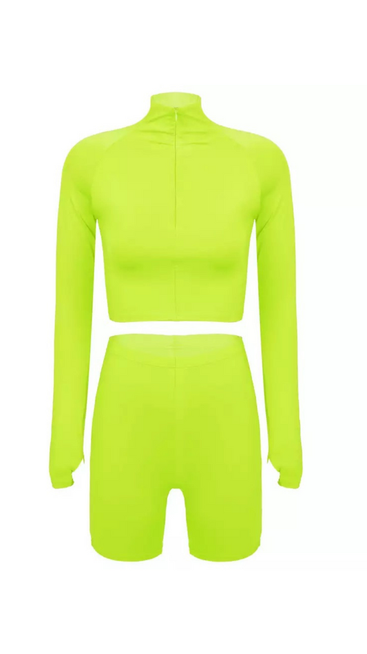Neon Green Half Zip Crop Top and Cycling Shorts Set
