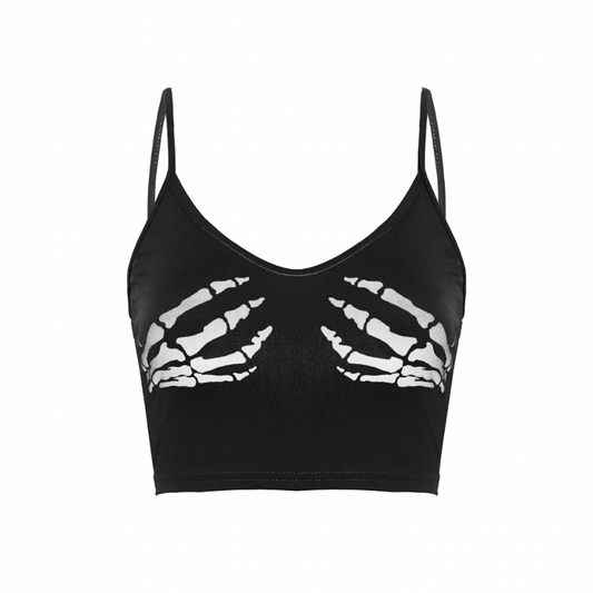 Black skeleton hand print spaghetti strap crop top