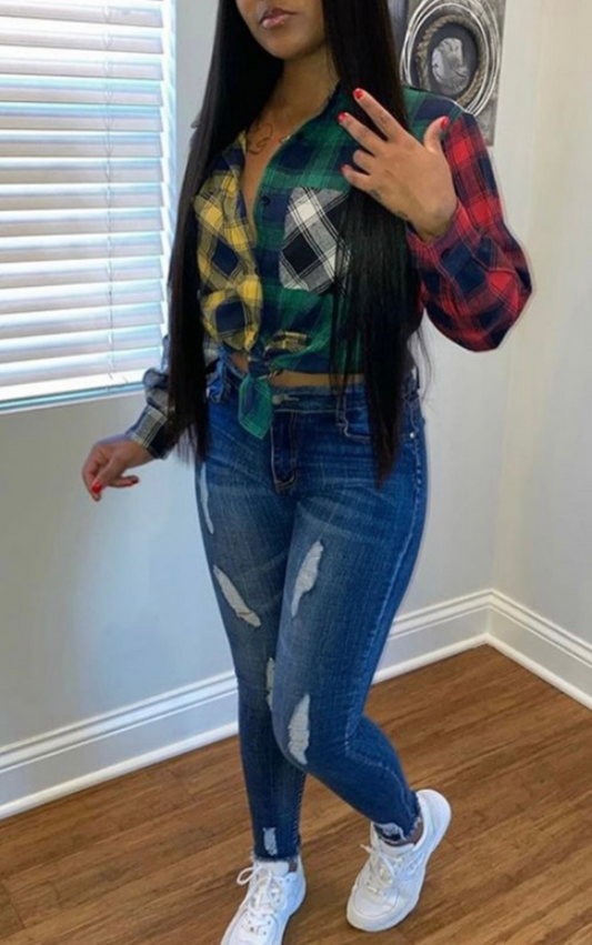 Green Multicoloured Patchwork Long Sleeve Shirt
