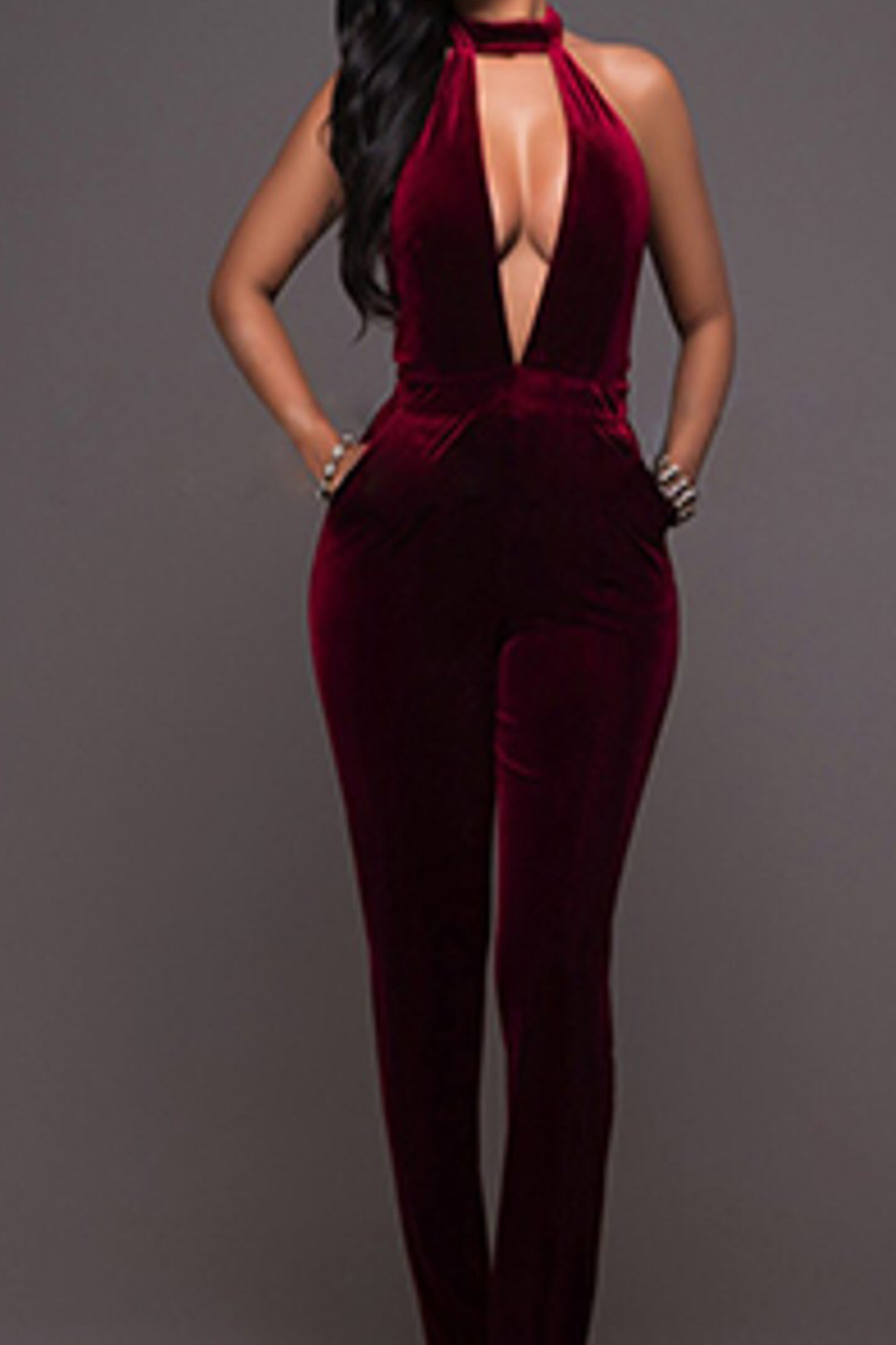 Deep Vneck Bodycon Vlevet Jumpsuit