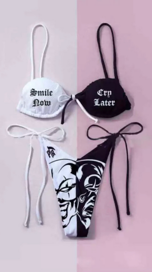 White And Black Graffiti Side Tie Bikini
