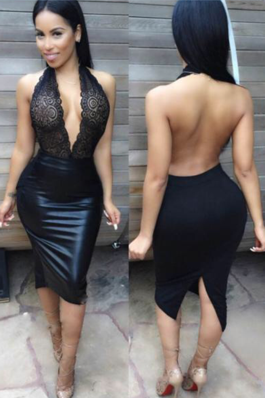 Women’s Black Lace Halter Neck And Midi PU Bodycon Dress