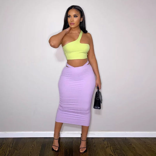 Neon Yellow & Purple one Sleeve Top and  Detail Maxi Skirt Set
