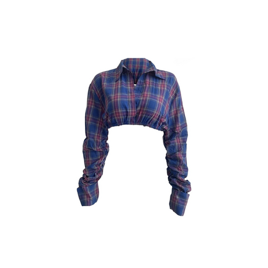Blue And Pink Checkered Drawstring Hem Long Sleeve Crop Top