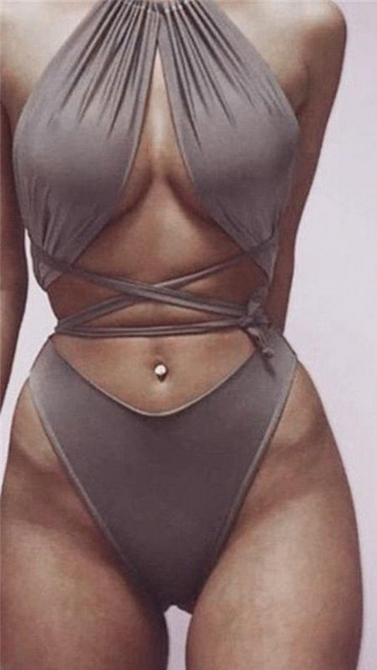 See Straight Through Me Sexy Halter  Cross Wrap Swimsuit - Grey