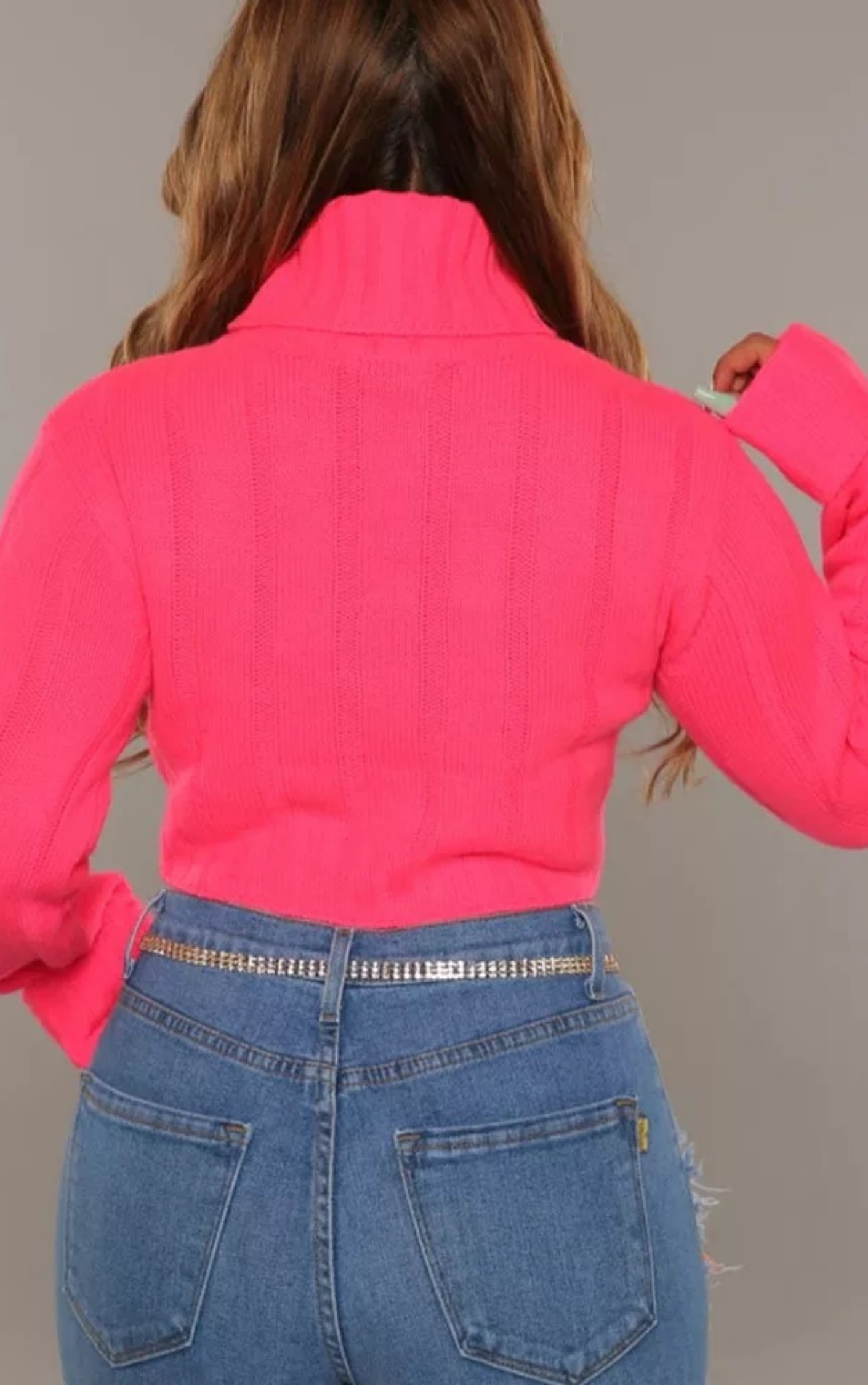Pink Ribbed Roll Neck Knitted Cropped Sweater