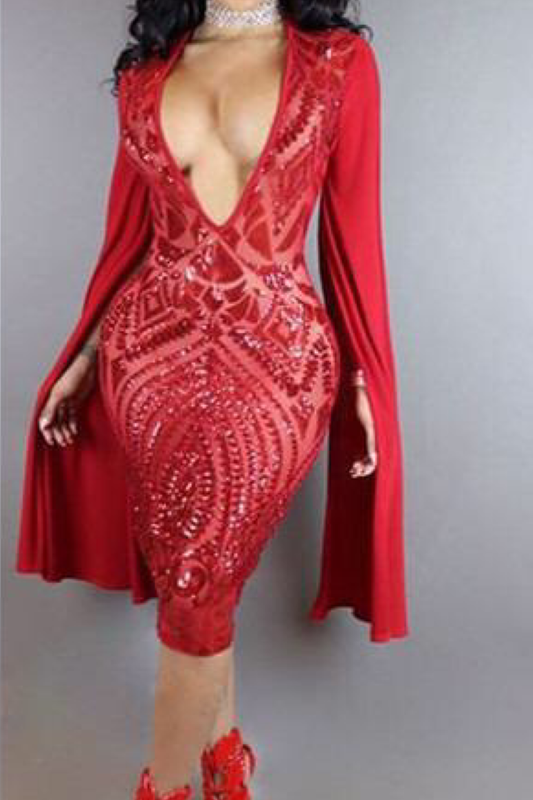 So Haute Plunge Neck Sequin Sheer Front Cape Sleeve Midi Dress - Red