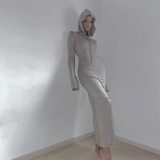 Contrast Stitch Bodycon Hoodie Grey Midi Dress