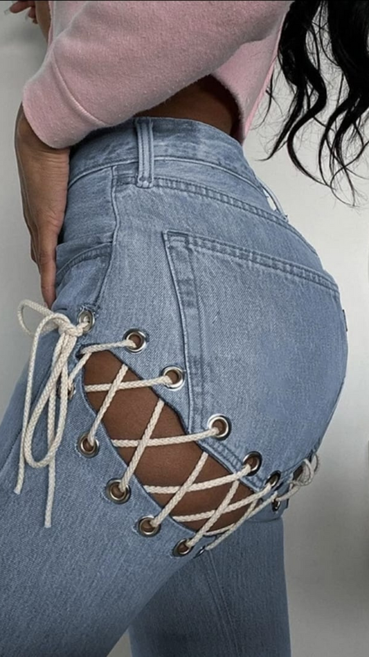 Laced Up Straight Leg Denim Jeans