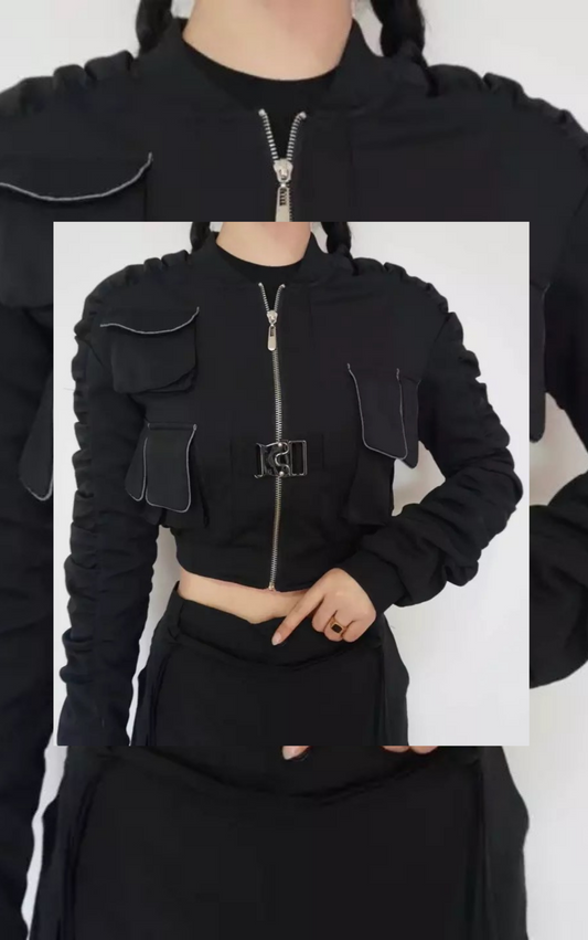 Women's Black Ruffle Sleeve Patchwork Jacket