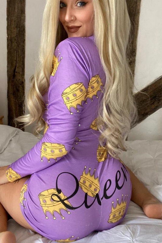 Purple Crown Print Button Up Romper