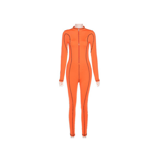 Orange And Black Colour Contrast Front Zip Bodycon Jumpsuit