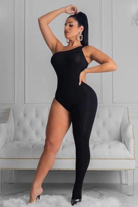 One shoulder Sleeveless Bodycon Open Leg Jumpsuit