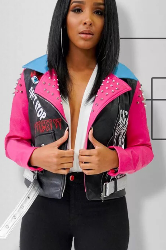 Graffiti Faux Leather Studded Jacket