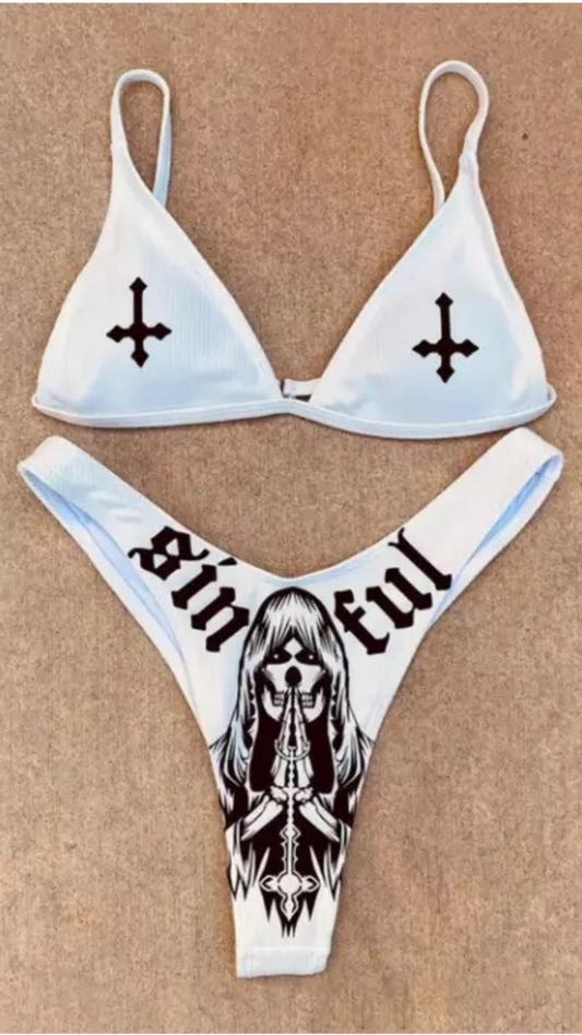 White Graffiti Side Tie Bikini