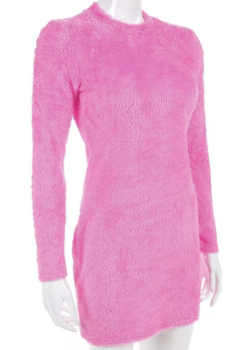 Pink Faux fur Long Sleeve Mini Dress
