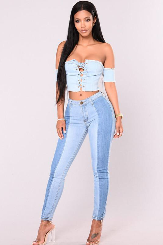 Women's Colour Contrast Light Blue Denim Jeans
