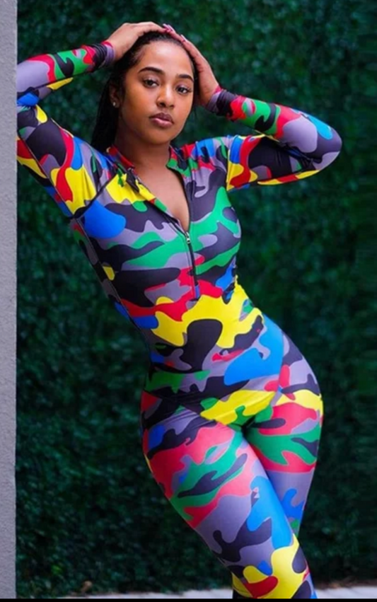 Front Zip Camouflage Print Long Sleeve Jumpsuit